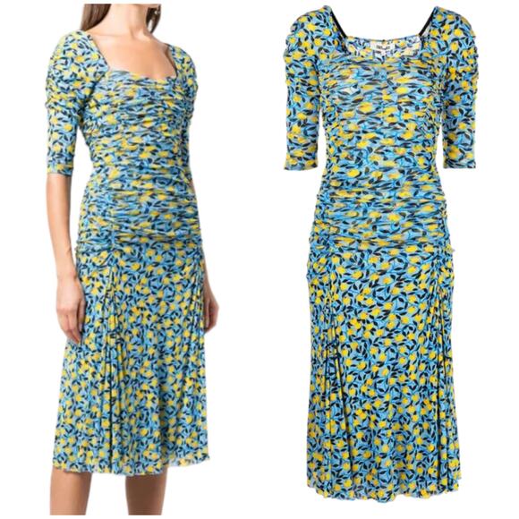 Diane von Furstenberg NWOT Dacey Lemon Gathered Dress Size XS Half Sleeve Ruched - Picture 3 of 13